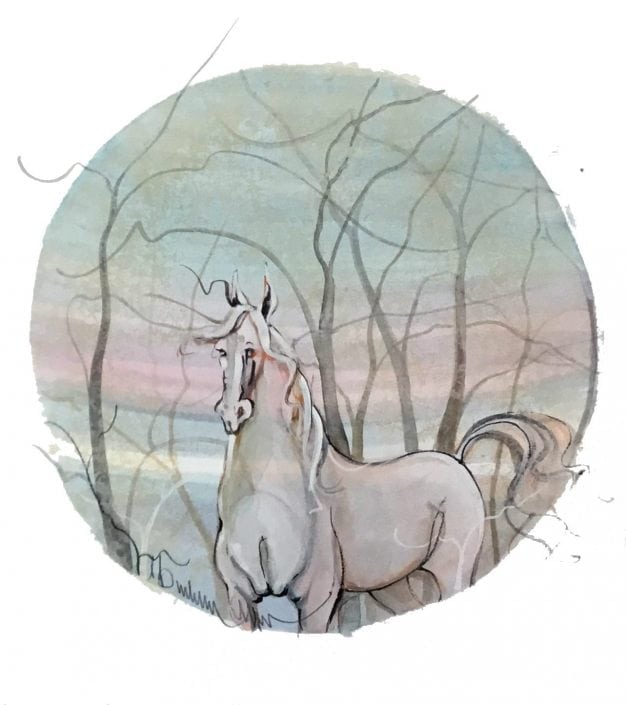 Original watercolor painting of horse by American artist P Buckley Moss. Hard to find miniature original art. This art piece available only at Canada Goose Gallery in Waynesville, Ohio. Colors of soft gray, blues, aqua, blush pink with medium gray in the branches.