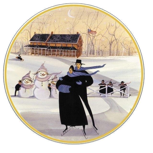 Loe and Joy round porcelain ornament. Winter scene, Couple skating, children, snowmen American flag and country home.