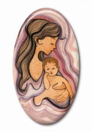 Mother and child porcelain jewelry insert. Interchangeable inserts fit in gold jewelry surround which can be changed out for different looks.