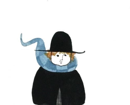 Early Original watercolor painting by P Buckley Moss from 1994. Tones of light and darker blue in the flowing scarf, black coat and hat with gray pants and beautiful golden reddish hair. 