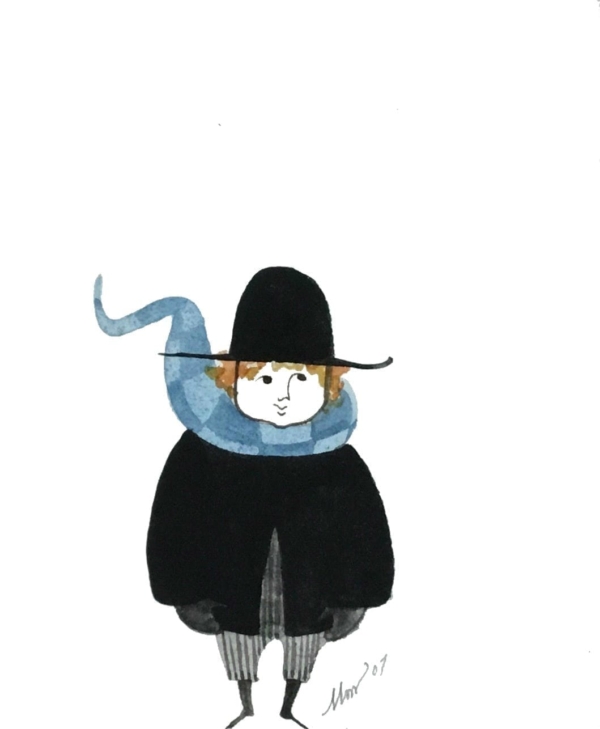 Early Original watercolor painting by P Buckley Moss from 1994. Tones of light and darker blue in the flowing scarf, black coat and hat with gray pants and beautiful golden reddish hair. 
