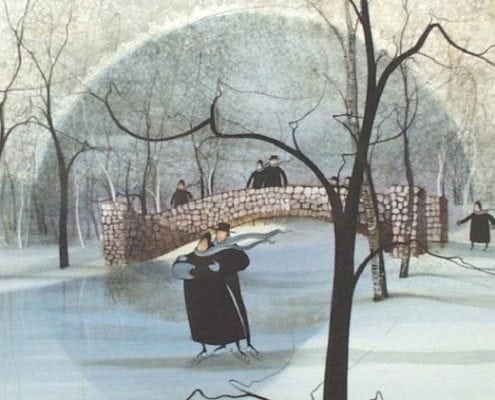 Skater's Dance by P Buckley Moss is a print of the Old Stone Bridge in Snyder Park, Springfield, Ohio