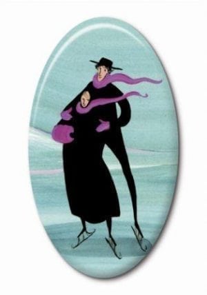 Skating couple, oval porcelain insert for gold colored jewelry surround designed by P Buckley Moss. Teal background with iconic skaters dressed in black coats. i