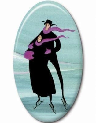 Skating couple, oval porcelain insert for gold colored jewelry surround designed by P Buckley Moss. Teal background with iconic skaters dressed in black coats. i