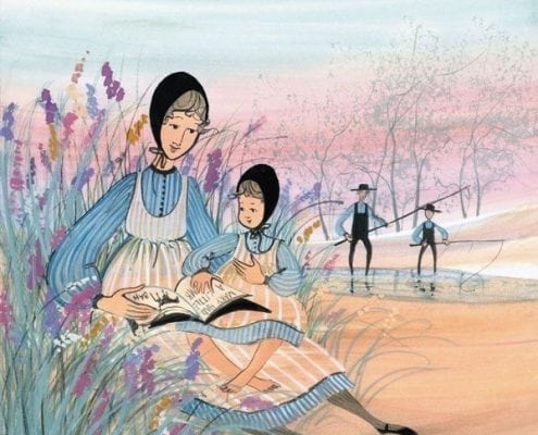 Touching Lives limited edition by P Buckley Moss features a mother and a daughter enjoying the contents of a special book. Sitting in a garden of flowers while two other male figures enjoy fishing is a small stream.