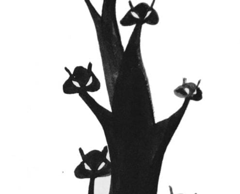 Original watercolor painting by P Buckley Moss featuring a tall tree of Moss black cats. All the cats are black with negative white space for eyes.