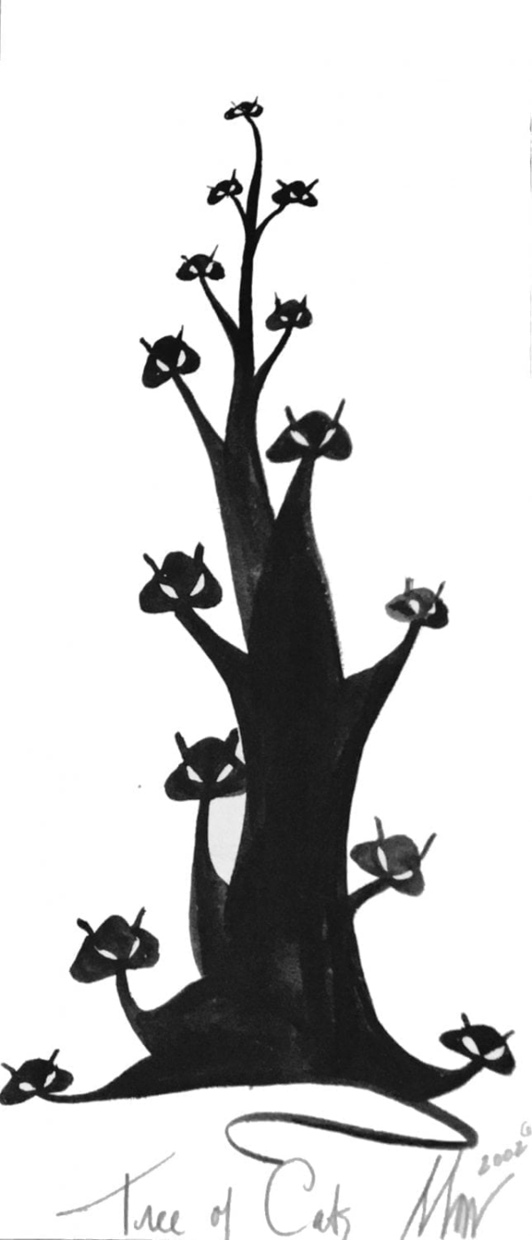 Original watercolor painting by P Buckley Moss featuring a tall tree of Moss black cats. All the cats are black with negative white space for eyes.