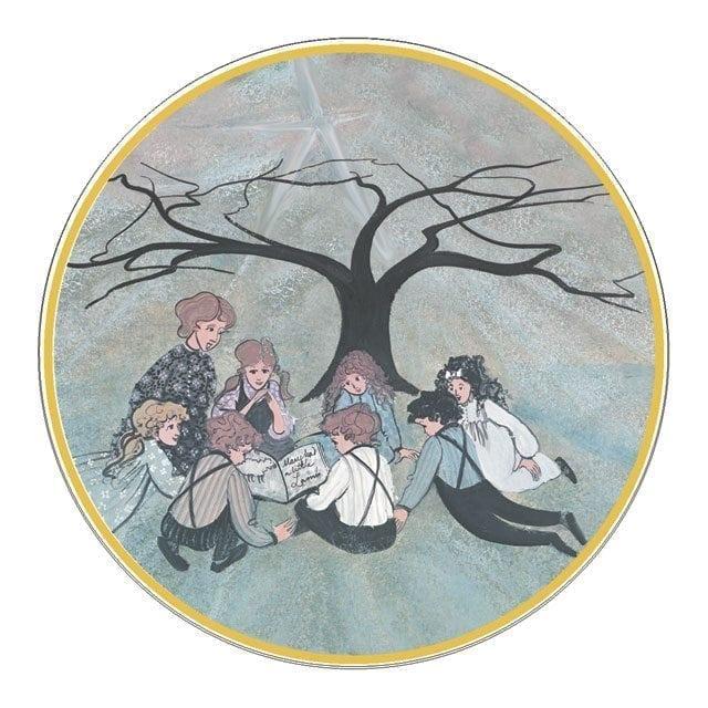 Tree of Learning limited edition by P Buckley Moss features a group of children sitting under a tree being read to by a mother or teacher.