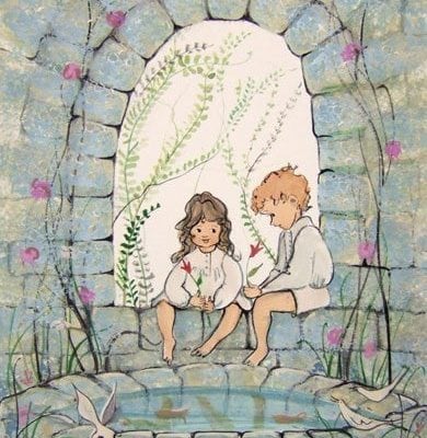 Angels In My Garden limited edition print by P Buckley Moss features small boy and girl by a stone wall and pond as playful bunnies gather to join the fun.