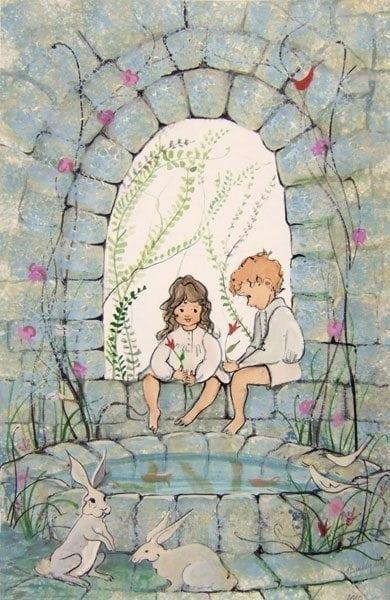 Angels In My Garden limited edition print by P Buckley Moss features small boy and girl by a stone wall and pond as playful bunnies gather to join the fun.