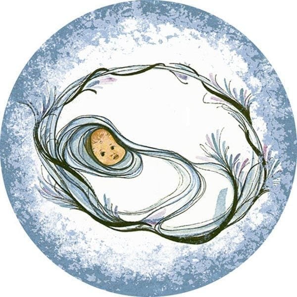 Baby Boy limited edition porcelain ornament by P Buckley Moss features a newborn baby boy in shades of blue and white.