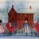Baby Parade limited edition print by P Buckley Moss is a colorful print with girls in rose and blue dresses red baby buggies, a rust colored brink house and shades of blue and cream in the background sky.