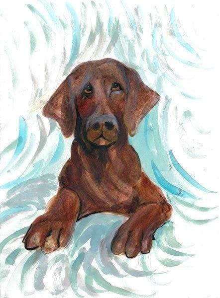 Chocolate Lab limited edition print by P Buckley Moss features a realistic looking dog in browns, blacks and rusts with a background of turquoise, white and tan shading.