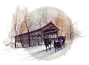 Country Ride rare, signed and numbered, limited edition art print by American artist P Buckley Moss at Canada Goose Gallery in Waynesville, Ohio. Corwin-Nixon Bridge as P Buckley Moss portrays this landmark with brush, paint and paper.