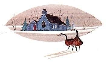 Faithful Wardens Limited edition print by American artist P Buckley Moss at Canada Goose Gallery in Waynesville, Ohio. pbuckleymoss-print-limitededition-dog-pug-PuppyWeek-CanaaGooseGallery-WaynesvilleOhio-Church-History-Ohio-Geese