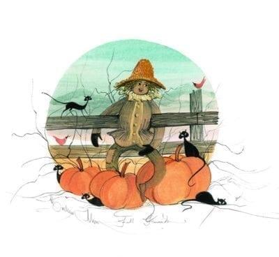 Fall Friends artist proof Print by P Buckley Moss with scarecrow, pumpkins and black cats. Fall Friends artist proof Print by P Buckley Moss with scarecrow, pumpkins and black cats.
