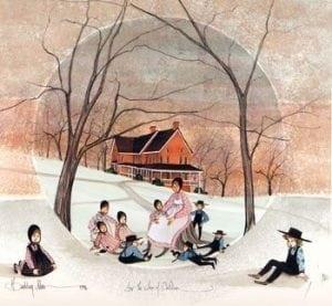 For the Love of Children is a rare limited edition print by P Buckley Moss featuring a mother or teacher with children in the foreground in shades of peach, light rust, blues, grays and black.