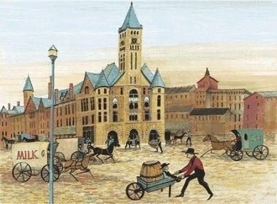 The Marketplace rare, signed and numbered, limited edition print by P Buckley Moss at Canada Goose Gallery in Waynesville, Ohio The Marketplace in the heart of downtown Springfield. Inside shopping and eateries plus farmers market.
