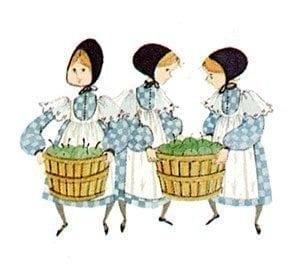 Green Apples limited edition print by P Buckley Moss features three girls dressed in blue and white check dresses carrying baskets of bright green apples.