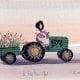 John Deere Girl limited edition print by P Buckley Moss features a young girl on a John Deere tractor with cart. Green, lavender, peach and pink.