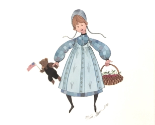 Kirstin limited edition print by P Buckley Moss featuring a girl with basket and teddy bear in colors of blue and white.