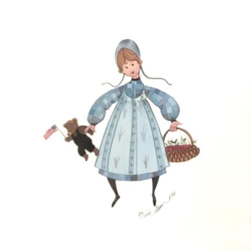 Kirstin limited edition print by P Buckley Moss featuring a girl with basket and teddy bear in colors of blue and white.