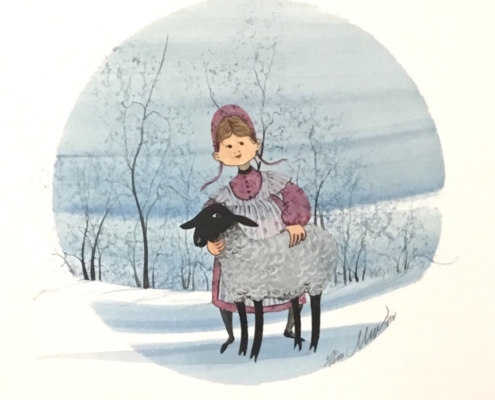 Laura's Lamb liited edition print by P Buckley Moss features a young girl with her lamb. Rose colored dress. black and white lamb on a background of shades of lighter blues with black trees.