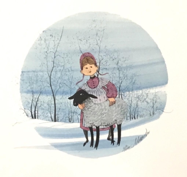 Laura's Lamb liited edition print by P Buckley Moss features a young girl with her lamb. Rose colored dress. black and white lamb on a background of shades of lighter blues with black trees.