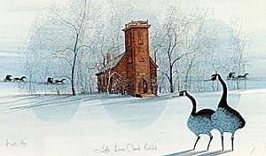 Little Brown Church Revisited is a limited edition print by P Buckley Moss featuring an Iowa church. Shades of blues and turquoise in the background with browns in the church and evening blue highlight the breasts of the two geese looking on.