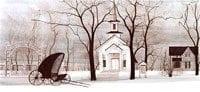 Long Grove Church limited edition print by P Buckley Moss. Rare, vintage print of a historic church in Long Grove Illinois. Colors of white, black, light blue and gray.