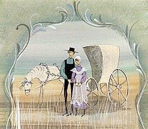 Love Blossoms rare, signed and numbered, limited edition print by P Buckley Moss at Canada Goose Gallery in Waynesville, Ohio Love Blossoms limited edition print features a white horse and buggy with a couple standing by. Image by P Buckley Moss.