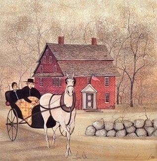 Lover’s Ride rare, signed and numbered, limited edition print by P Buckley Moss at Canada Goose Gallery in Waynesville, Ohio Lover's Ride limited edition print features a couple in a horse drawn buggy with Wayside Inn in the background. Wooded area with a stone wall in the foreground.