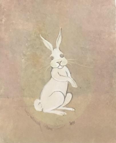 Original Watercolor Painting by P Buckley Moss featuring a white bunny in a background of neutrals, a splash of pink with tans.