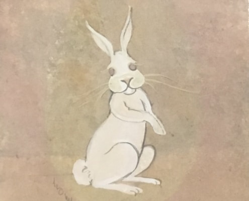 Original Watercolor Painting by P Buckley Moss featuring a white bunny in a background of neutrals, a splash of pink with tans.