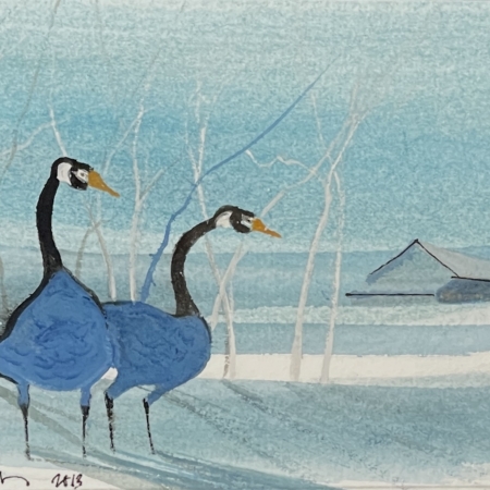 p-buckley-moss-original-watercolor-painting-winter-landscape-two-blue-geese-barn