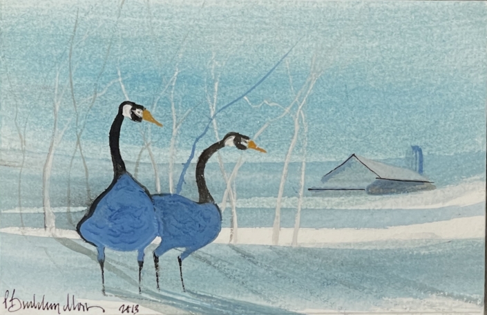p-buckley-moss-original-watercolor-painting-winter-landscape-two-blue-geese-barn