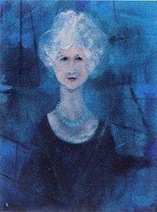 Queen "B" limited edition print by P Buckley Moss is a portrait of her mother in deep colors and many varying shades of blue and black with a very modern looking line drawing as a background. White hair and peachy cream skin. Very sophisticated looking mother.