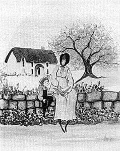 Reading rare, signed and numbered, limited edition print by P Buckley Moss at Canada Goose Gallery in Waynesville, Ohio Reading is a rare limited edition by P Buckley Moss featuring a small child listening to a story being read to him. Cottage in the background and mother and child sitting on a stone wall.