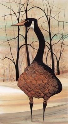 Sentry limited edition artist proof by P Buckley Moss features a large single goose with a background of trees. Rust, brown, black golds and green.