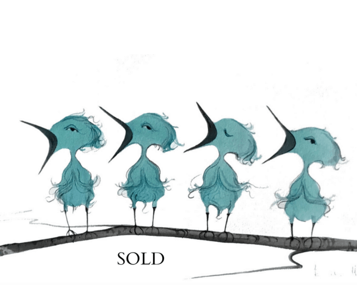 Four Fledglings original watercolor painting by P Buckley Moss exclusively available at Canada Goose Gallery in Waynesville, Ohio. Extraordinarily rich and vibrant aqua blue in each of the four birds with black, gray and earth tones in the beaks and branch where they perch. Four Fledglings original watercolor painting by P Buckley Moss exclusively available at Canada Goose Gallery in Waynesville, Ohio. Extraordinarily rich and vibrant aqua blue in each of the four birds with black, gray and earth tones in the beaks and branch where they perch.