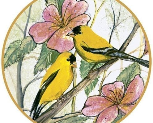 Spring Friends porcelain ornament features two yellow birds amongst pink blossoms and leaves.