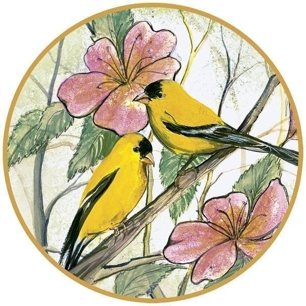 Spring Friends porcelain ornament features two yellow birds amongst pink blossoms and leaves.