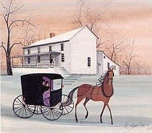 Stagecoach Stop rare, signed and numbered, limited edition art print by American artist P Buckley Moss at Canada Goose Gallery in Waynesville, Ohio. Stagecoach Stop by P Buckley Moss is a printed edition depicting the Holloway-Brown House in Waynesville, Ohio. Early Inn and Tavern.