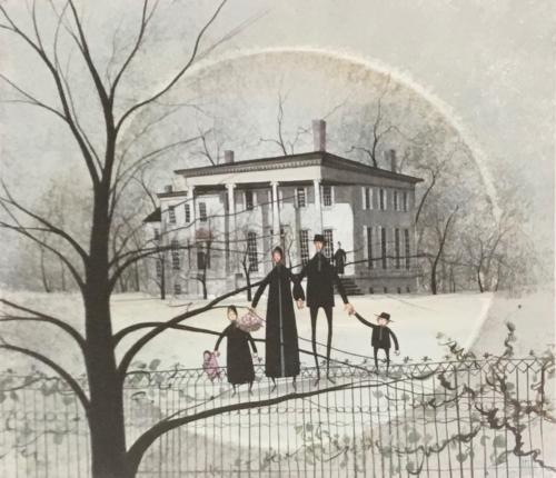 Kinsman House limited edition print print by P Buckley Moss features the Historic mansion in Trumbull County, Ohio and thought to be part of the underground railroad. Soft colors of grays and greens with highlights of blacks in the trees.