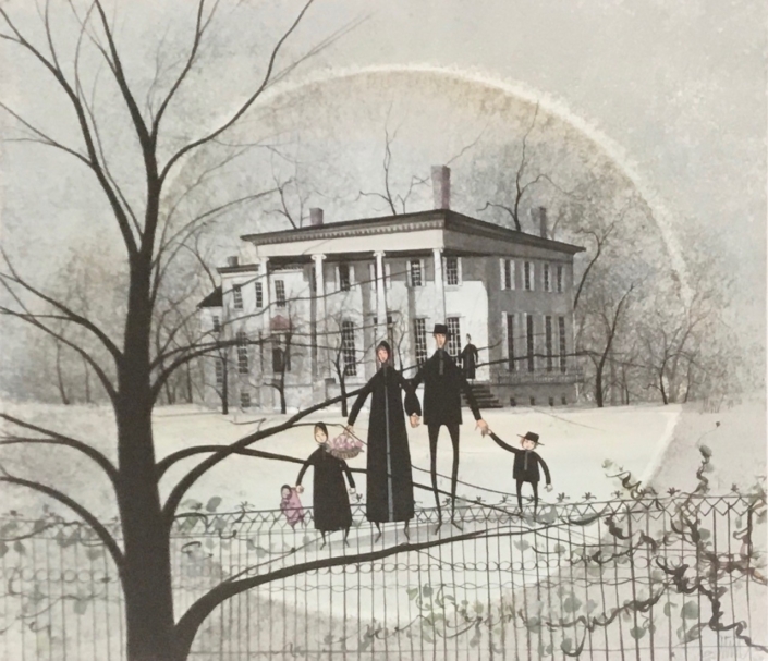 The Kinsman House Kinsman House limited edition print print by P Buckley Moss features the Historic mansion in Trumbull County, Ohio and thought to be part of the underground railroad. Soft colors of grays and greens with highlights of blacks in the trees.