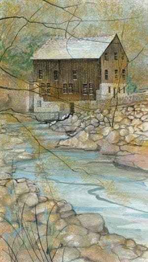 The Mill limited edition print by P Buckley Moss is rural America at its best. Colors of tans, browns, gray and white with a splash of blue and turquoise shades for the water,