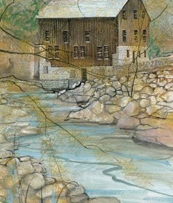 The Mill limited edition print by P Buckley Moss is rural America at its best. Colors of tans, browns, gray and white with a splash of blue and turquoise shades for the water,