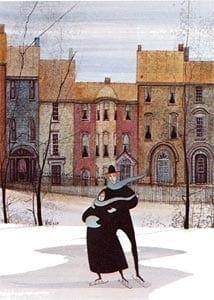 Together in the Park rare, signed and numbered limited edition print by American artist P Buckley Moss at Canada Goose Gallery in Waynesville, Ohio. Together in the Park rare limited edition print by P Buckley Moss features row houses in background of Moss iconic skaters in black coats. Colors of rusts, browns and earth tones.