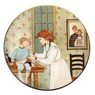 Visiting Nurse limited edition Ornament by P Buckley Moss at Canada Goose Gallery in Waynesville, Ohio Visiting Nurse limited edition porcelain art ornament features a nurse responding to a child's needs. Different shades of aqua, creams and rose.