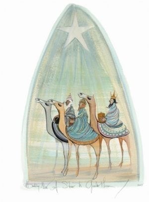 A Star to Guide Them limited edition by P Buckley Moss features the three Wise Men and bringing gifts to the Christ Child. Green and earth tones.
